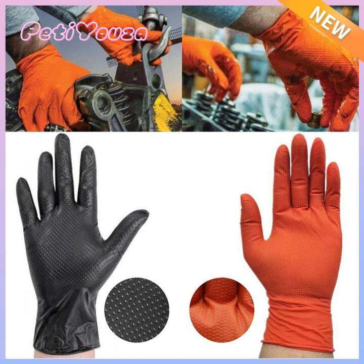 PETIYOUZA 20PCS Nitrile Work Gloves Orange Black Diamond Pattern
