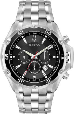 Bulova Mens Classic Sport Stainless Steel 6-Hand Chronograph Quartz Watch Classic Silver Tone/Black Dial