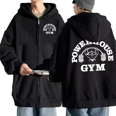 Powerhouse Gym Logo Zip Up Hoodie Harajuku Mens Geek Fitness Cardigan Loose Long Sleeve Punk Sports Sweatshirt Streetwear Male Size XS-4XL