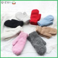 QIZUI วินเต้อุ่น สีทึบ ตุ๊กตา สองชั้น นิ้วทั้งหมด ถุงมือฤดูหนาว ถุงมือขนกระต่าย