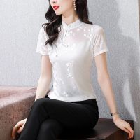 【Ready】? Mesh hollow short-sleeved T-shirt womens summer buckle cheongsam collar top retro slim lace bottoming shirt