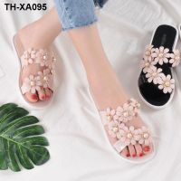 ◕✱☈ Slippers womens outer 2019 new word slippers vacation seaside all-match flowers soft bottom non-slip beach shoes