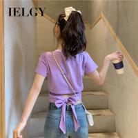 IELGY  เสื้อยืดแขนสั้นผู้หญิง,เสื้อเปิดหลังมีโบว์สั้นด้านหลังรั่วเสื้อดีไซน์สั้น