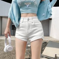 COD jfdss Spot shorts denim long legs white double buckle irregular design hot pants high waist slimming ultra short jeans womens Korean style summer new all-match FG8Q