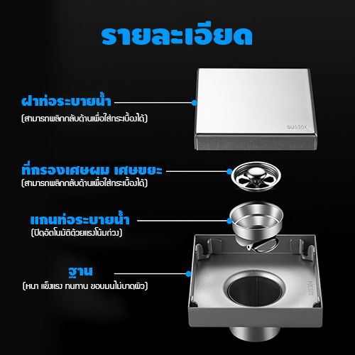 ตะแกรงระบายน้ำ-สแตนเลส-304-กันกลิ่น-กันแมลง-ระบายน้ำได้เร็ว-ปูกระเบื้องทับได้-อุปกรณ์ระบบประปา