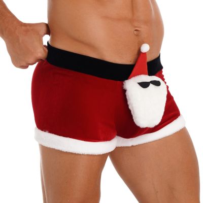 [Cos imitation] ชุดคริสต์มาสสำหรับผู้ชาย Low Rise Flannel Trimming Velvet Boxer Shorts With Fluffy Santa Claus Doll Cosplay Outfit