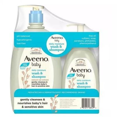 สุดคุ้ม สบู่เหลวเด็ก และแชมพู สำหรับทารก Aveeno Baby Daily Moisture Wash &amp; Shampoo, Oat Extract, แพ็คคู่ ขวดใหญ่33oz +ขวดเล็ก12oz