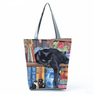 New Cute Cat Print Womens Shoulder Bag Bookcase Cat Large Capacity Hand Bag Flowers Cat Tote Bag