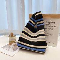 【hot】✚  Design Striped Shoulder Shopping Tote Knit Handbag Knot Wrist