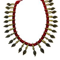 สร้อยคอชุบทอง Antique gold plated tribal collar necklace. Oxidized metal pieces are strung on a red rope. Unique metal engraving.