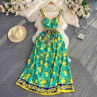 ❒☎✹ ocehrk Fashion Verão Spaghetti Lemon Print Sundress Cup acolchoado com cinto elegante Backless Longo Vestidos