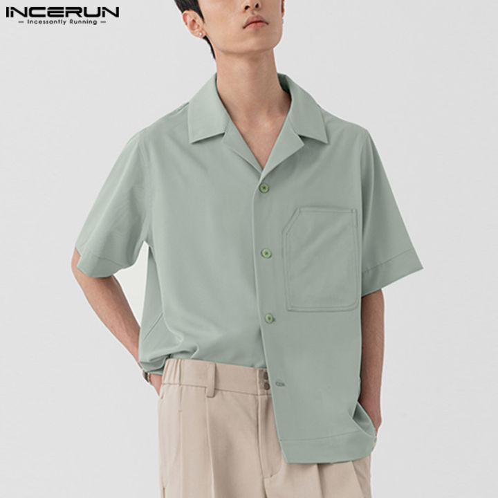 incerun-เสื้อเบลาส์คาร์โก้คอวีแขนสั้นทรงหลวมติดกระดุมเสื้อ-สไตล์เกาหลี