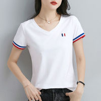 White Tshirt Women Short Sleeve V Neck T Shirt Korean Style Fashion Slim Tops Cotton Tee