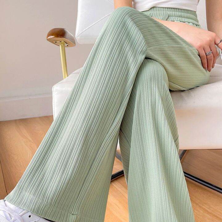 Large Size Ice Silk Pants For Women Korean Style High Waist Wide Leg 1751