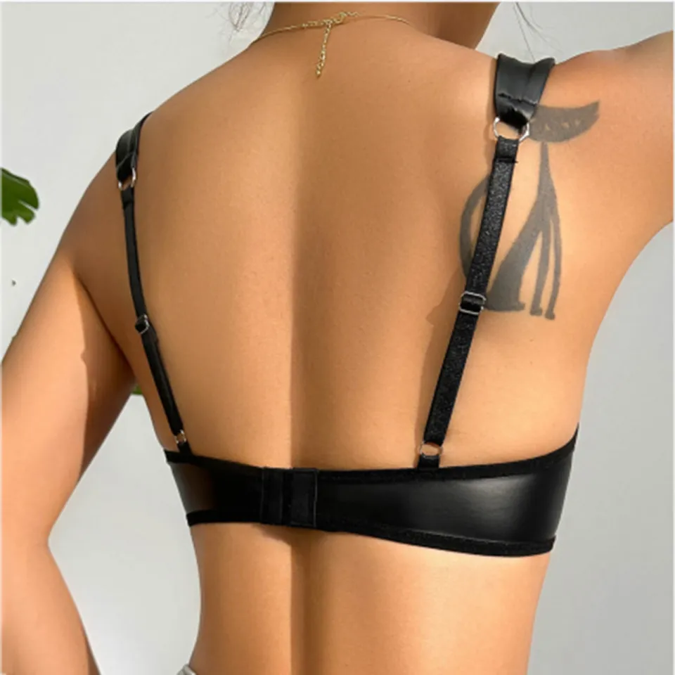 Women's PU Leather Lingerie Buckle Strappy Cut Out Bra Underwire Push Up