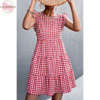 Women Plaid Printing Ruffled Short Skirt Round Neck Flutter Sleeves A-line Skirt Sleeveless High Waist Dress