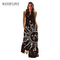 WAYOFLOVE Moon Star Print  Dress Black Elegant Spring Summer Beach Casual Dresses Woman Sleeveless Loose Long Womens Dress