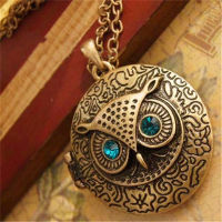 vintage owl set rhinestone pendant necklace for woman jewelry accessories can open put photos box