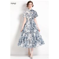 Slim-Fitting Simple Ink Printing Short Sleeve Large Swing Womens Shirt Long Dress