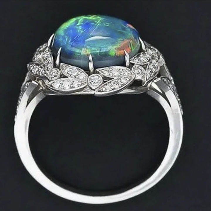 คลาสสิกสีเงินแหวนฝังประกายสีขาวคริสตัลเพทาย-rhinestone-แหวนแหวนโอปอลที่มีสีสันสำหรับผู้หญิงพรรคเครื่องประดับ