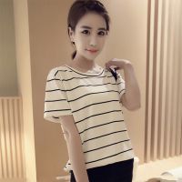 Women Korean Causal Striped Short Sleeve T-shirt Round Collar Top