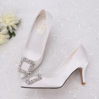 ﹍ White Wedding Shoes Pointed 7CM 9CM High Heel Diamond Bride shoes Small Fat Big Size 33 US 4 Dress Banquet Lady Pumps