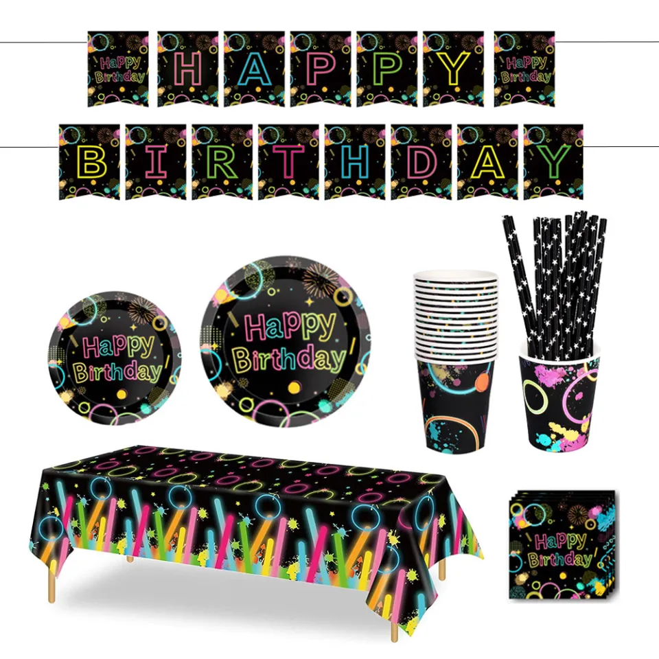 Glow Neon Party Supplies - Glow in The Dark Theme Happy Birthday Banner, Plates, Napkins, Cup, Tablecloth, Knives, Fork, Spoon and Straws for
