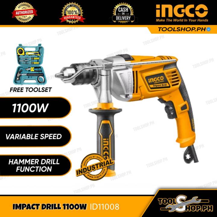 INGCO 13mm Hammer Impact Drill Variable Speed 1100W ID11008 With FREE ...