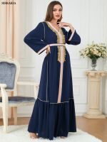 Abaya 2022มุสลิมชุดราตรีเย็บปักถักร้อย Belted Kaftan แขนยาวจีบ Patchwork Robe โมร็อกโก Caftan Woman