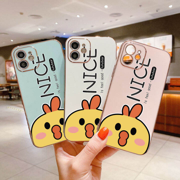 ggk-for-tecno-spark-10-spark-10c-ฟรีสายคล้องเคสลายการ์ตูนไก่ขอบสี่เหลี่ยมเคสโทรศัพท์ชุบหรูหราเคสโทรศัพท์นิ่ม