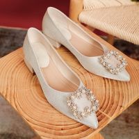 CODiy085671 Thick Heel High Heels Low Heels 3 CM Womens High heels Pearl Rhinestone Pointed Wedding Shoes