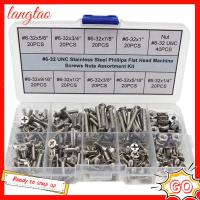 LANGTAO 220Pcs #6-32 สกรูหัวแบน Phillips เหล็กไร้สนิม 9ขนาด สกรูสำหรับเครื่องจักร พร้อมกล่องเก็บของ ชุดน็อตและสลักเกลียว เครื่องจักรความแม่นยำสูง