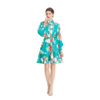 Women New Dress Real Shot  Flower Print  Midi Dress Long Sleeve A- Line Dress