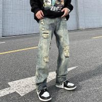 CODkecanm8 American Retro High Street Ripped Jeans Men ins Trendy European hiphop Loose Straight Handsome Trousers