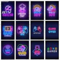 Neon โปสเตอร์เกมนีออนสำหรับนักเล่นเกมมืออาชีพ80S ภาพวาดผ้าใบติดผนังตกแต่งศิลปะตกแต่งห้องน่ารักเกมส์ที่ได้เคลื่อนไหวการตกแต่งบ้านคอนโซล Vr