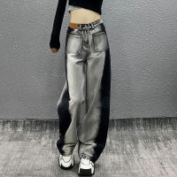 2022 New Womens Jeans 4XL Large Womens Personalized Grey Black Contrast Casual Jeans Womens Spring New High Waist Loose Slim Straight Tube Versatile Wide Leg Floor Slam Pants