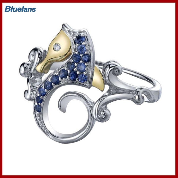 Bluelans®ของขวัญเครื่องประดับแหวนสวมนิ้วสตรีชุบเงินลายม้าน้ำพลอยเทียมแบบแฟชั่นบลู