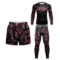 เสื้อกีฬามวยผู้ชายมาใหม่เสื้อยืด Rashguard Bjj + กางเกงขาสั้น MMA เสื้อเจอร์ซีย์จ้อกกิ้งออกกำลังกายเสื้อผ้าฝึกซ้อมชุดกีฬา