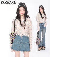 DUOHANZI เสื้อสเวตเตอร์มีพู่จุดสีคละแบบสำหรับผู้หญิงดีไซน์เฉพาะชุดถักแบบหลวมสบายๆสำหรับฤดูใบไม้ผลิ