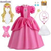 Halloween Princess Peach Sweet Girls Costume Child Super Luigi Mari Brother Pink Princess Cosplay Kid Fancy Purim Dress 4-10Y