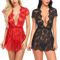 Pick me up ShopLadies Underwear Eyelash Lace Babydoll Deep V Pajamas Mesh Sheer Slip