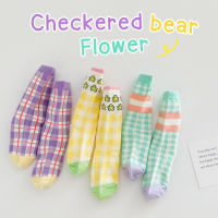 emmtee.emmbee Kids - ถุงเท้าเด็กข้อยาวแฟชั่น Checkered bear flower 3 คู่ (3-5 ขวบ)