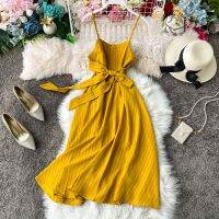 COD DSTGRTYTRUYUY summer stripe dress women fashon spaghetti strap with belt bandage beach dresses ladies korean dress