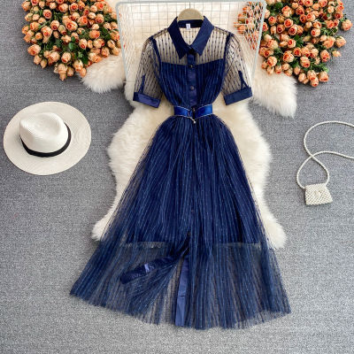 Autumn French Light Mature Style Ladies Short-sleeved Temperament Embroidery Mesh Self-cultivation Comfortable A-line Big Swing Dress 2021 New