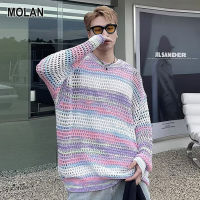 MOLAN เสื้อสเวตเตอร์สวมหัวสำหรับในฤดูใบไม้ร่วงผู้ชายเสื้อสเวตเตอร์ทรงหลวมพรีเมี่ยมสีรุ้งใหม่ Atasan Bahan Rajut ลำลอง