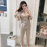 Women Pajama Sets Silk Satin Pijama Turn-down Collar Sleepwear Lady Long Sleeve Spring Nightwear Femme 2 Pieces Sets Homewear