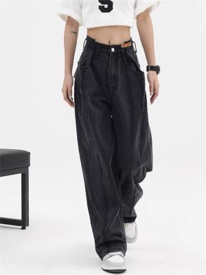 กางเกงยีนส์ขายาวทรงหลวมสำหรับผู้หญิง,กางเกงยีนส์แฟชั่นใหม่สีดำสไตล์ฮาราจูกุผ้าเดนิมเอวสูงกางเกงขาม้าสตรีทแวร์