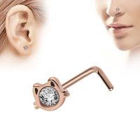 Cat Face 1Pc 20G Zircon Gem L-Shape Nose Studs Piercing Earring Anodized Rose Gold Steel Nose Ring Prong CZ Lobe Jewelry Body