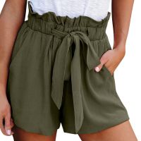 Women High Waisted Shorts Ruffle Elastic Waist Bandage Summer Cotton Line Casual Shorts With Pockets Plus Size Loose Sports Pant