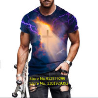 2023 newNovelty Mens T Shirt Lightning 3D Printing Short Sleeves Cross T-Shirts Fashion Jesus Casual Tops